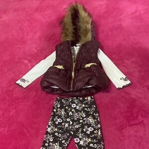 Burgundy Hooded Vest with Floral Leggings Set